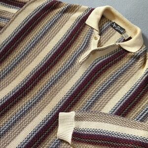Vintage Alan Stuart Mens Large Striped Knit Polo Sweater Ramie Cotton